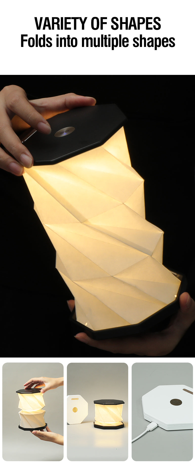 White expandable geometric lamp with accordion-fold design, shown in extended and collapsed positions