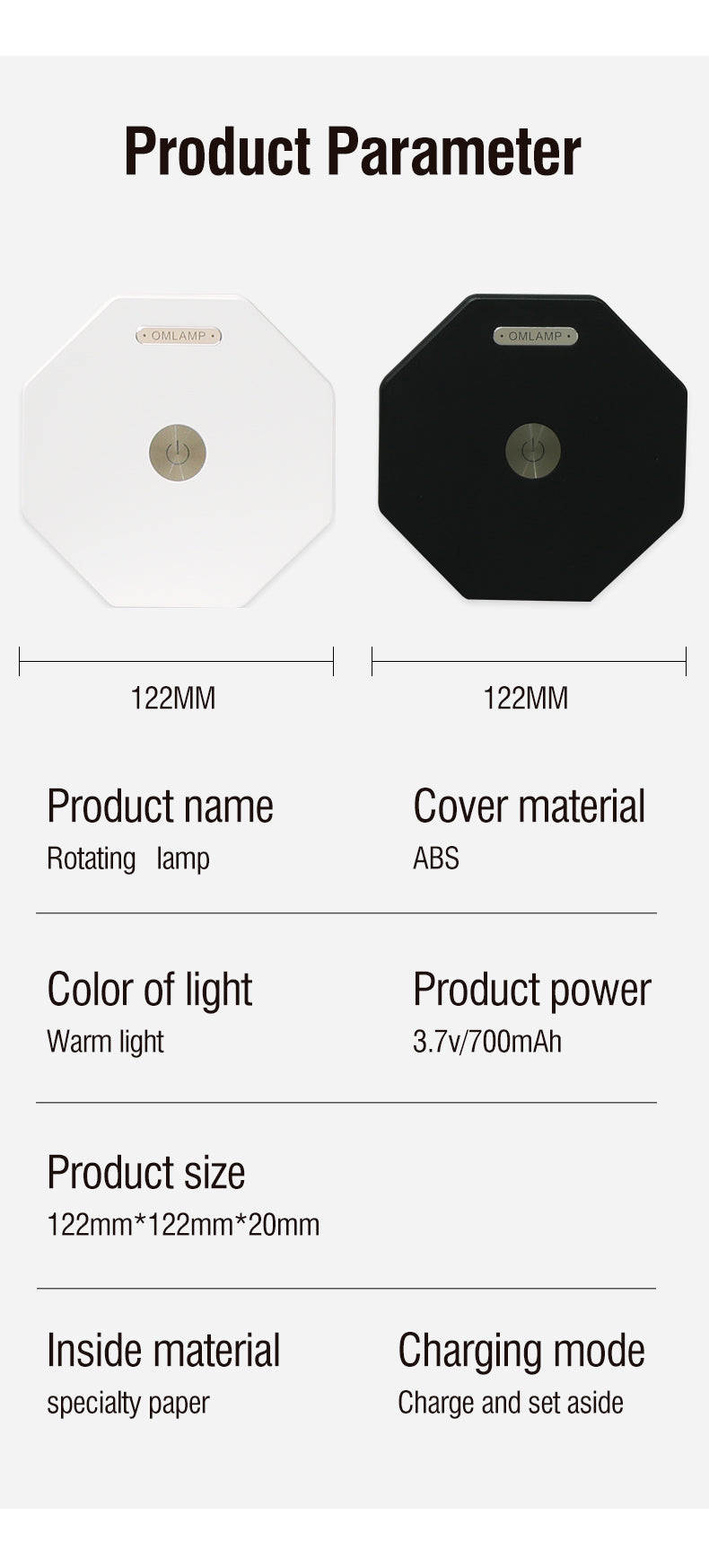Product specification sheet showing white and black octagonal rotating lamps with technical details