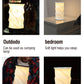 White expandable lamp with pleated shade shown in multiple settings including outdoor, bedroom, and living room