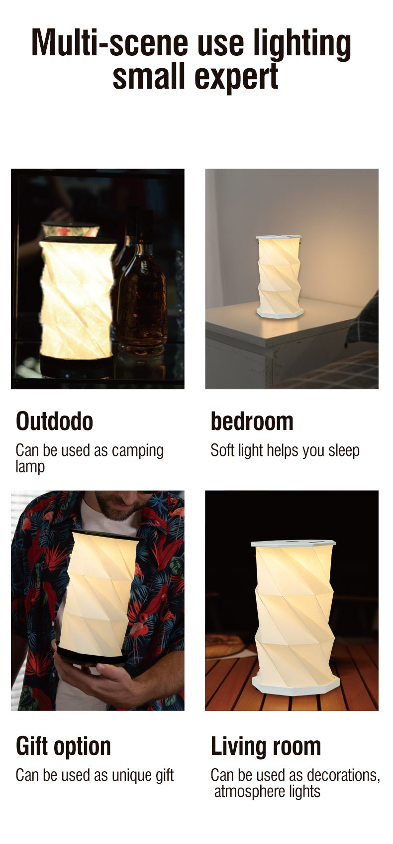 White expandable lamp with pleated shade shown in multiple settings including outdoor, bedroom, and living room