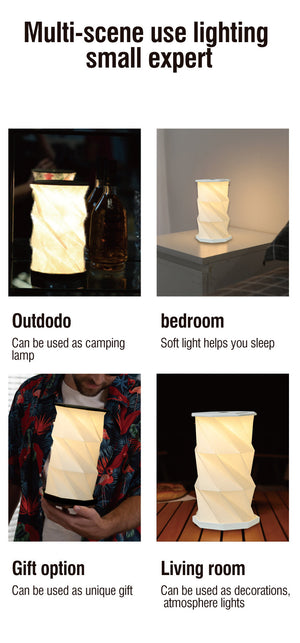 White expandable lamp with pleated shade shown in multiple settings including outdoor, bedroom, and living room
