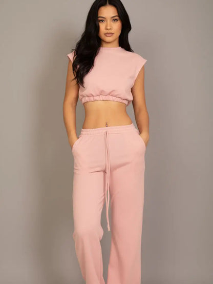 Elastic Hem Crop Top &  Wide Leg Pants Set