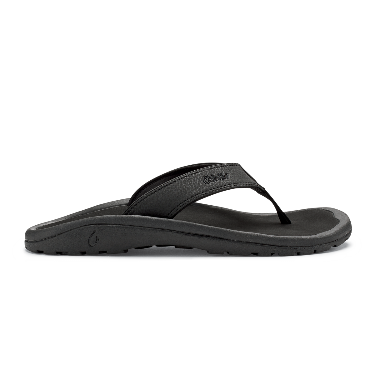 OluKai Men's Ohana black leather flip flop sandal with cushioned footbed and traction outsole