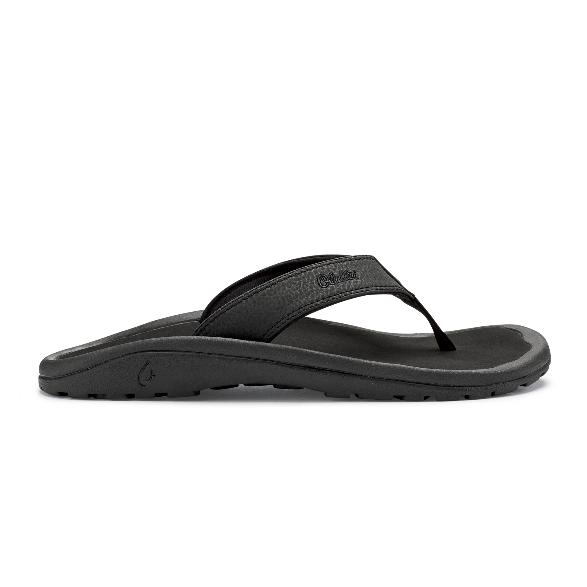 OluKai Men's Ohana black leather flip flop sandal with cushioned footbed and traction outsole