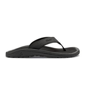 OluKai Men's Ohana black leather flip flop sandal with cushioned footbed and traction outsole