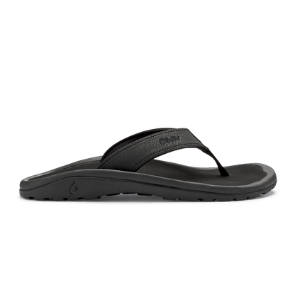OluKai Men's Ohana black leather flip flop sandal with cushioned footbed and traction outsole