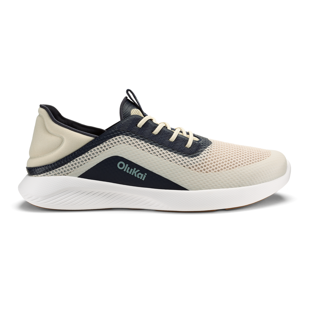 OluKai Men's Kialoa sneaker in Tapa cream and Trench Blue navy colorway with white sole