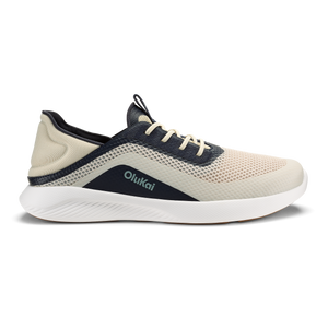 OluKai Men's Kialoa sneaker in Tapa cream and Trench Blue navy colorway with white sole