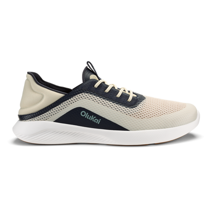 OluKai Men's Kialoa sneaker in Tapa cream and Trench Blue navy colorway with white sole