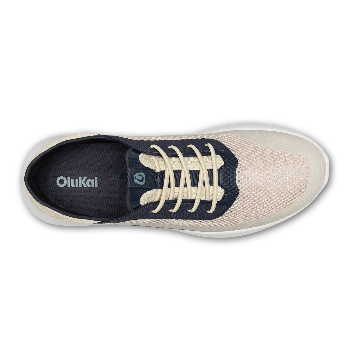 OluKai Men's Kialoa sneaker top view in Tapa beige and Trench Blue navy colorway