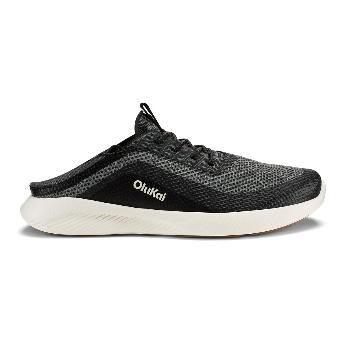 OluKai Men's Kialoa slip-on sneaker in Dark Shadow and Lava Rock colorway, side view