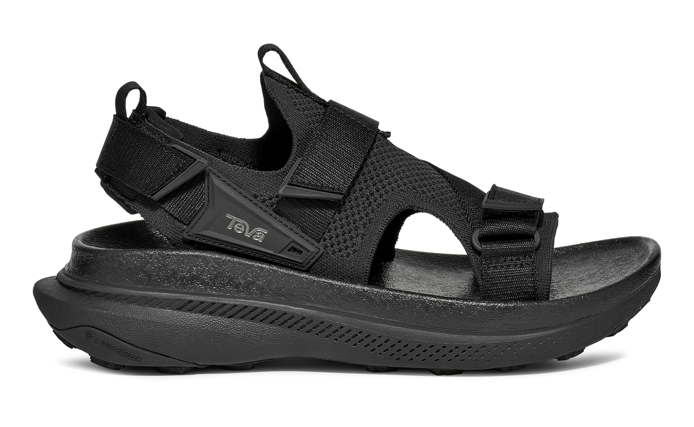 Teva Aventrail all-black trail running sandal with adjustable fabric straps and cushioned sole