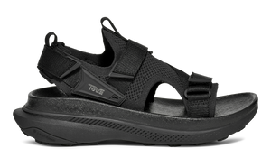 Teva Aventrail all-black trail running sandal with adjustable fabric straps and cushioned sole