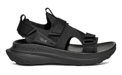 Teva Aventrail all-black trail running sandal with adjustable fabric straps and cushioned sole