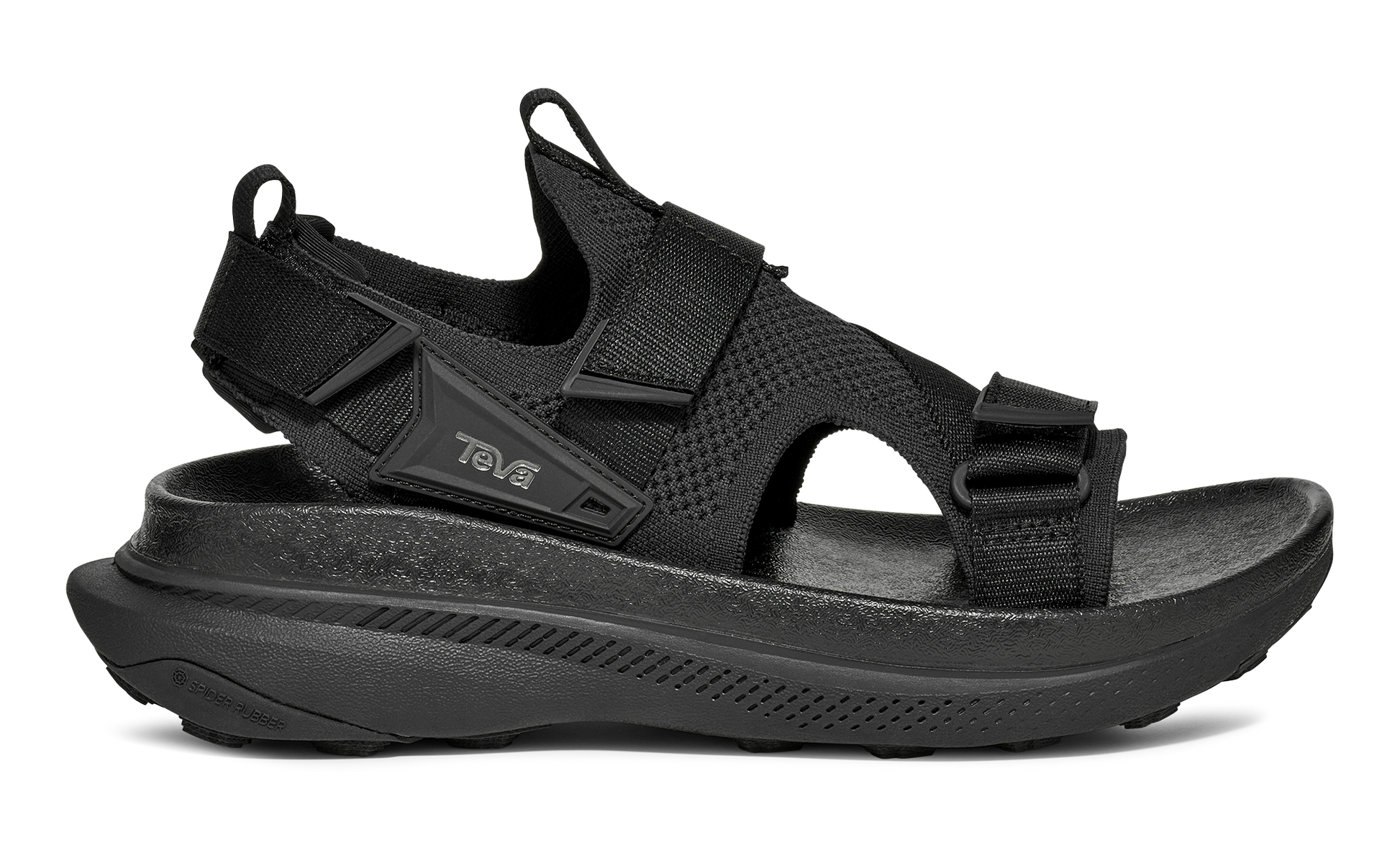 Teva Aventrail Trail Running Sandal in all-black colorway with adjustable straps and chunky sole