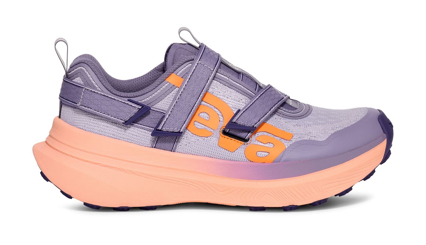 Teva Aventrail women's trail running shoe in purple with orange branding and coral midsole