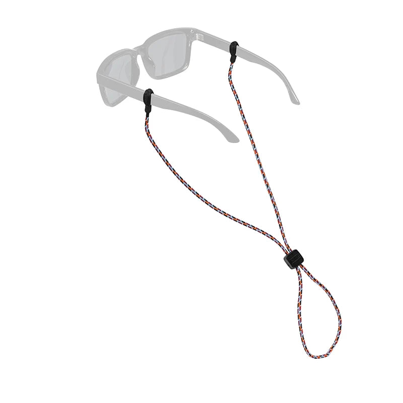 Sunglasses with a colorful cord attached on a white background