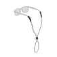 A pair of clear-framed sunglasses with a red, blue, and black braided neck strap, shown on a plain white background.
