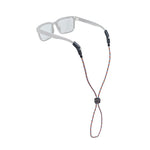 A pair of clear-framed sunglasses with a red, blue, and black braided neck strap, shown on a plain white background.