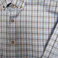 Coastal Cotton Bay Blue plaid button-down shirt with brown and white check pattern and chest pocket