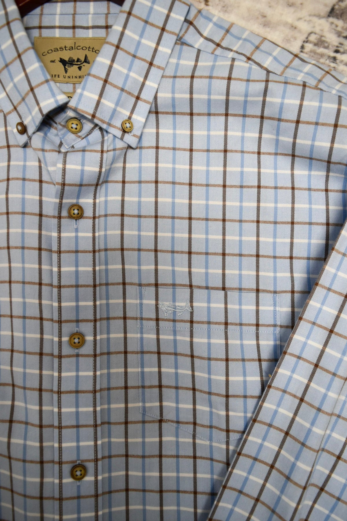Coastal Cotton Bay Blue plaid button-down shirt with brown and white check pattern and chest pocket