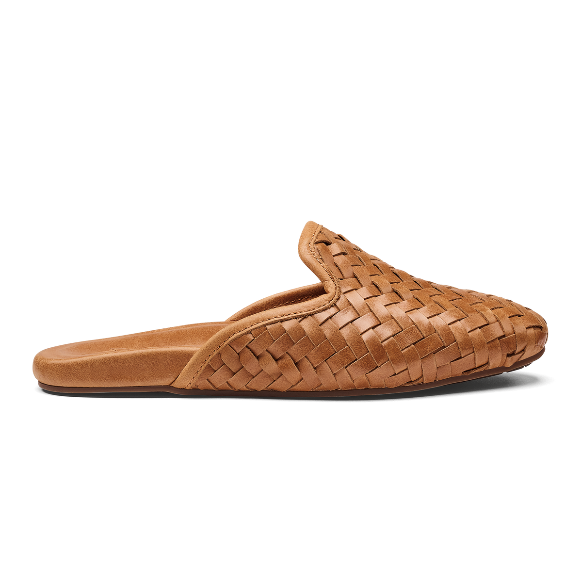 OluKai Mi'i women's woven leather mule in Kukui Brown with suede lining, side view