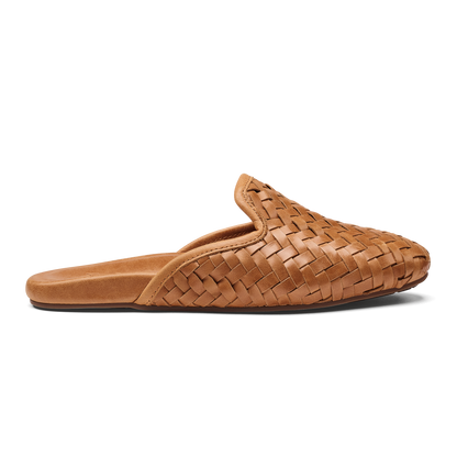 OluKai Mi'i women's woven leather mule in Kukui Brown with suede lining, side view