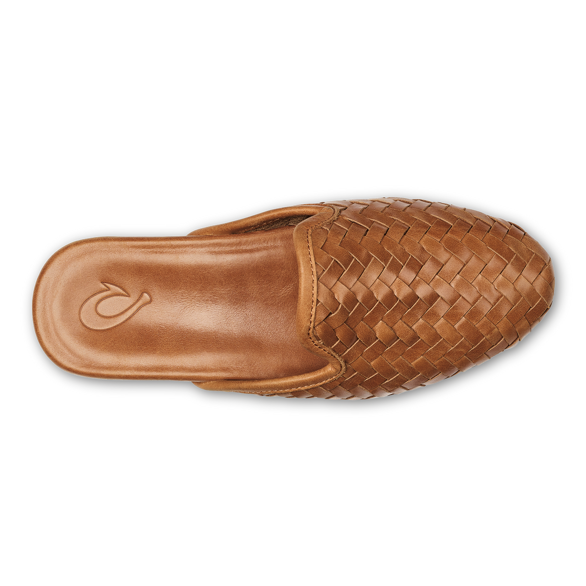 OluKai Women's Mi'i Mule in Kukui Brown woven leather, top-down view