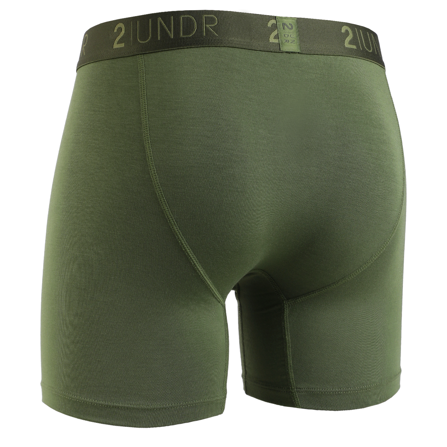 2UNDR army green boxer briefs with 6-inch inseam and branded waistband