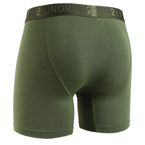 2UNDR army green boxer briefs with 6-inch inseam and branded waistband