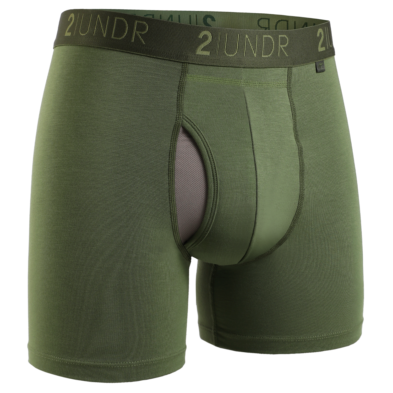 2UNDR Army Green Swing Shift 6-inch boxer brief underwear with breathable mesh pouch