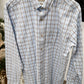 Coastal Cotton men's long sleeve button-down shirt in light bay blue plaid pattern on hanger