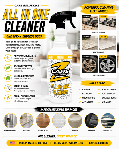 ZCare Solutions All In One Cleaner white spray bottle with yellow black logo