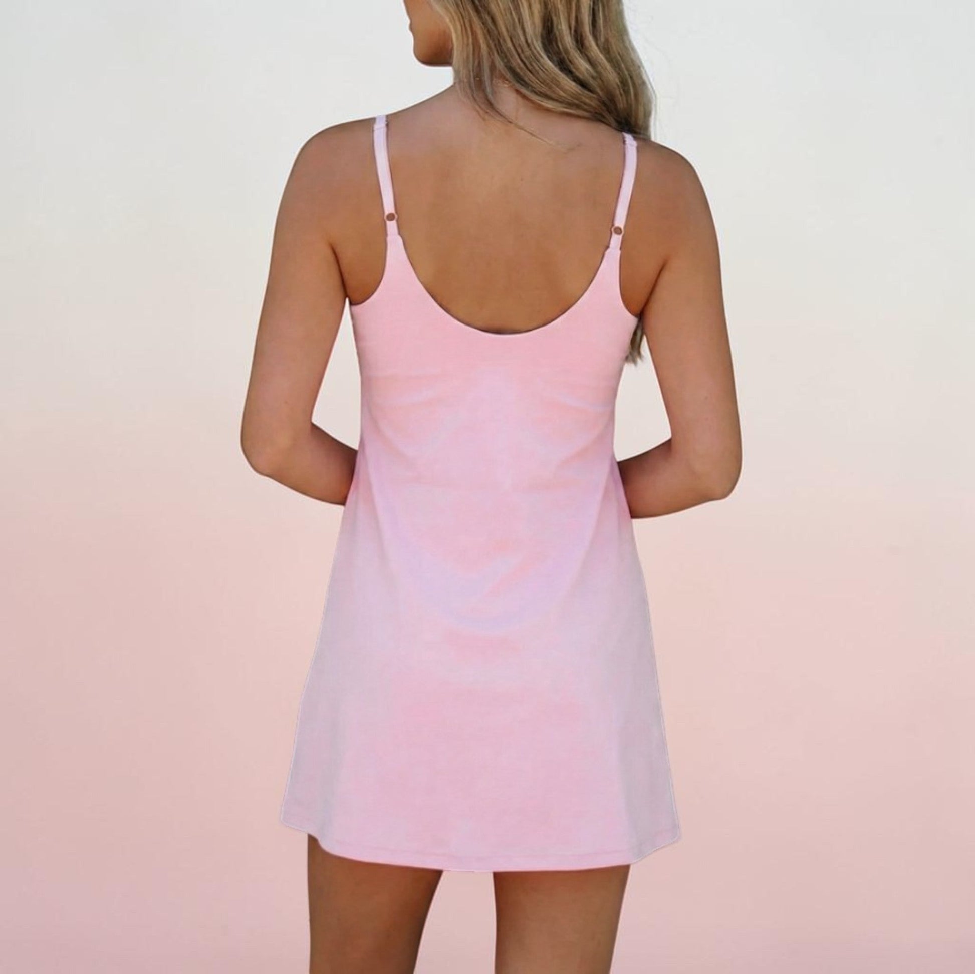 Everlasting Joy Athletic Dress in Light Rose pink, back view with spaghetti straps