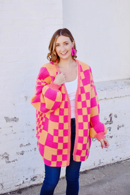 Checkered Cardigan - Pink & Orange