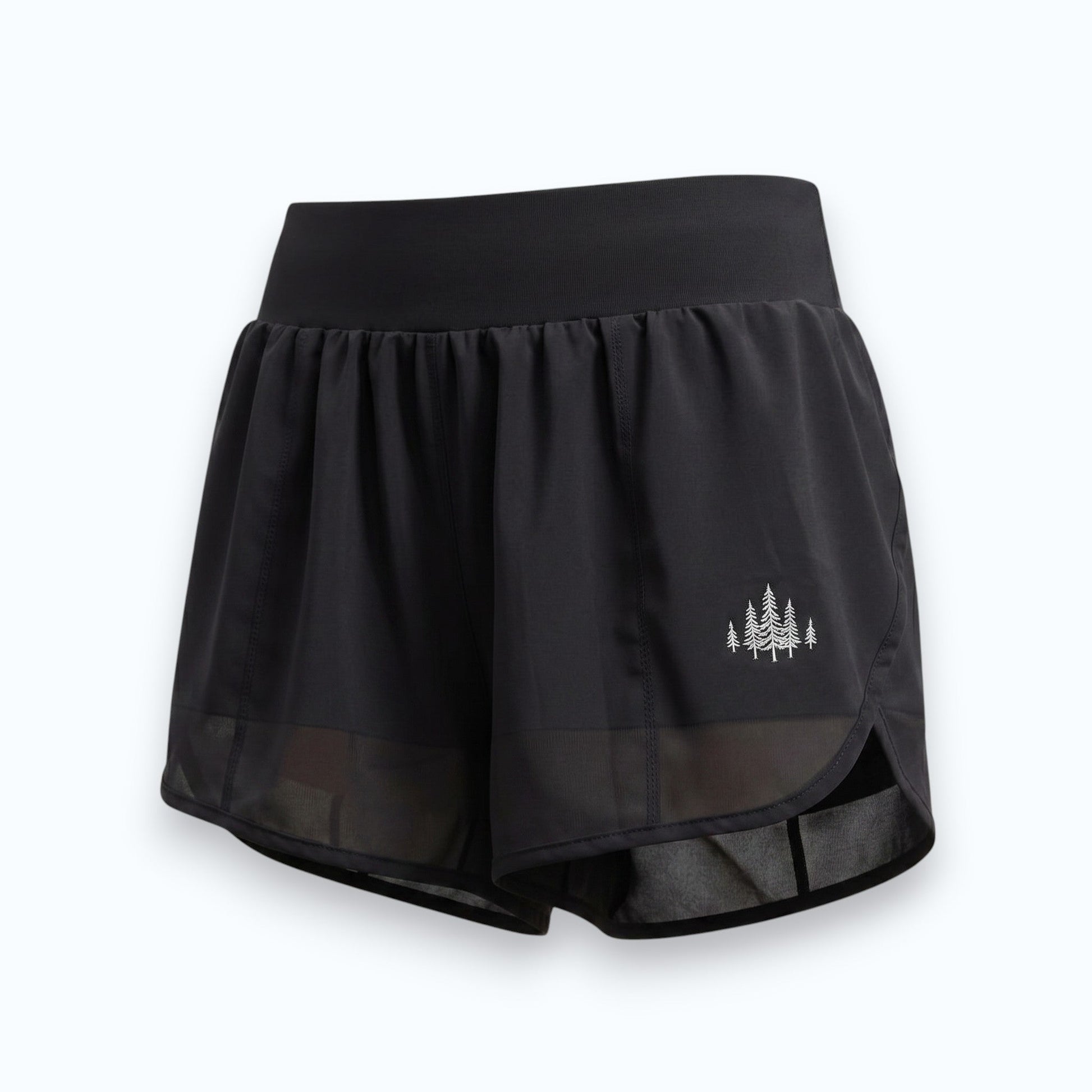 Katie Beth Activewear Grace in Motion Short in Midnight Black with pine tree embroidery and mesh layer