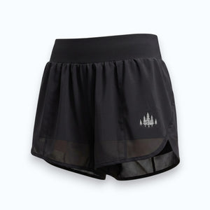 Katie Beth Activewear Grace in Motion Short in Midnight Black with pine tree embroidery and mesh layer