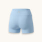 Mercifully Made Short in sky blue, high-waist athletic bike shorts, back view with logo