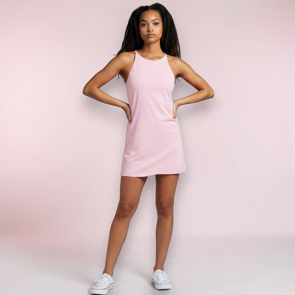 Everlasting Joy Athletic Dress in Light Rose, sleeveless mini dress worn with white sneakers