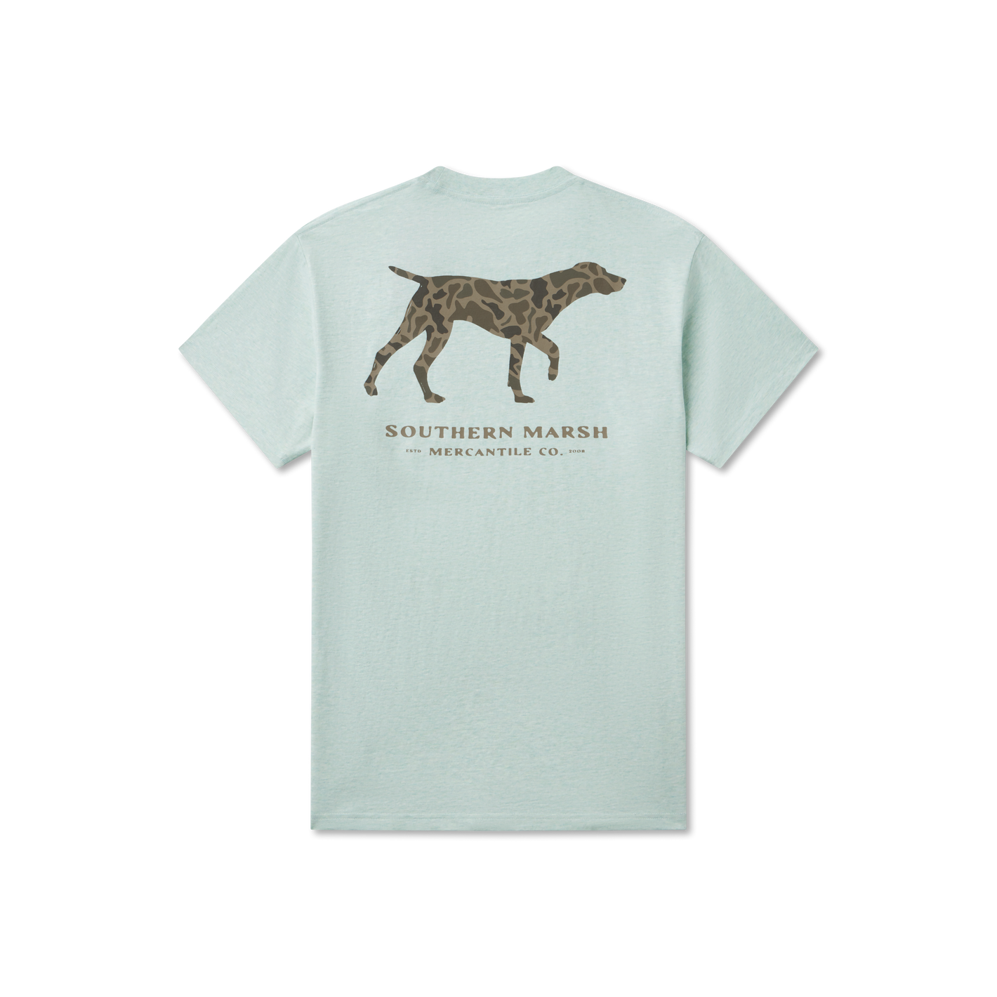 Southern Marsh t-shirt in washed honeydew with camouflage pattern pointer dog graphic on back