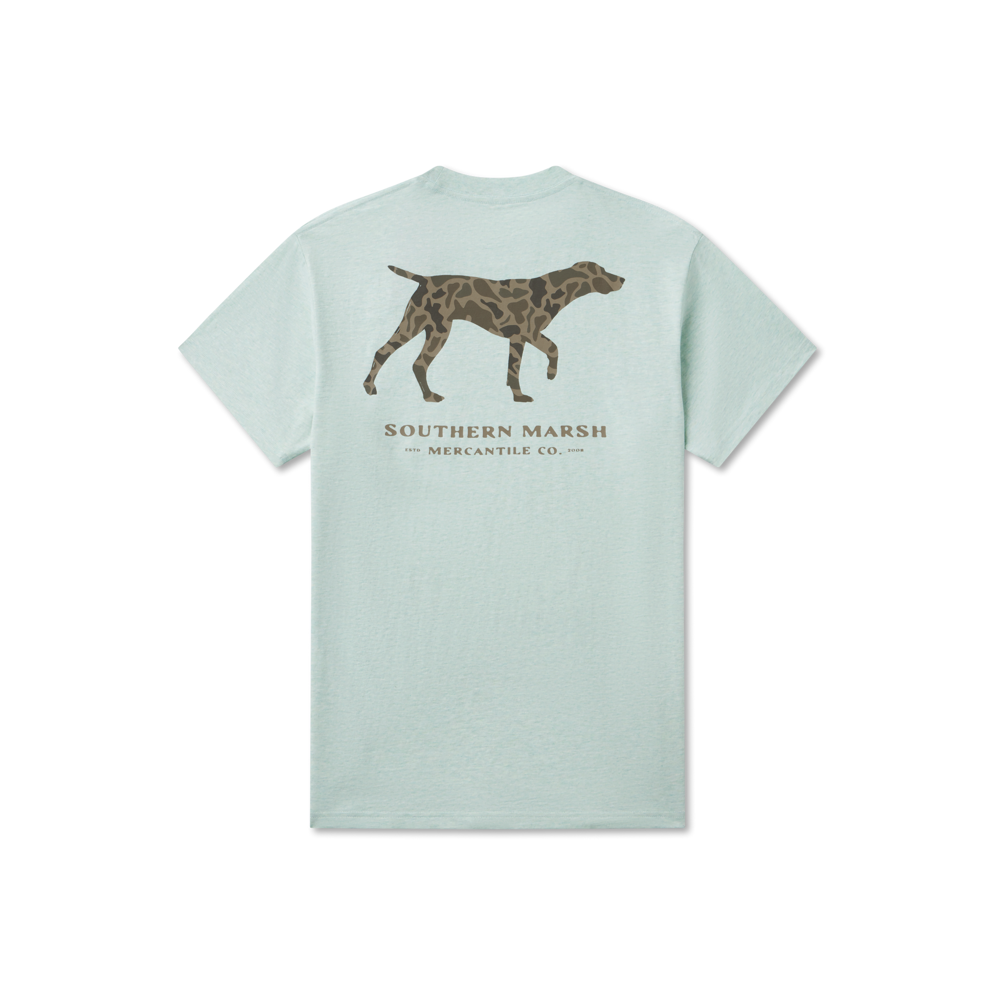 Southern Marsh t-shirt in washed honeydew with camouflage pattern pointer dog graphic on back
