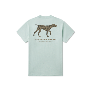 Southern Marsh t-shirt in washed honeydew with camouflage pattern pointer dog graphic on back