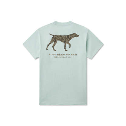 Southern Marsh t-shirt in washed honeydew with camouflage pattern pointer dog graphic on back