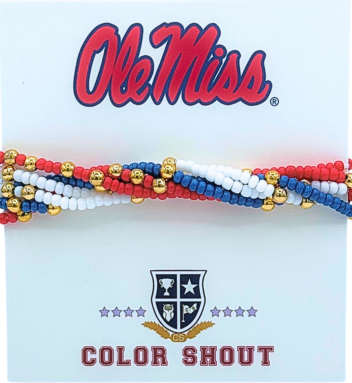 Six beaded bracelets in Ole Miss colors featuring red, white, blue, and gold beads