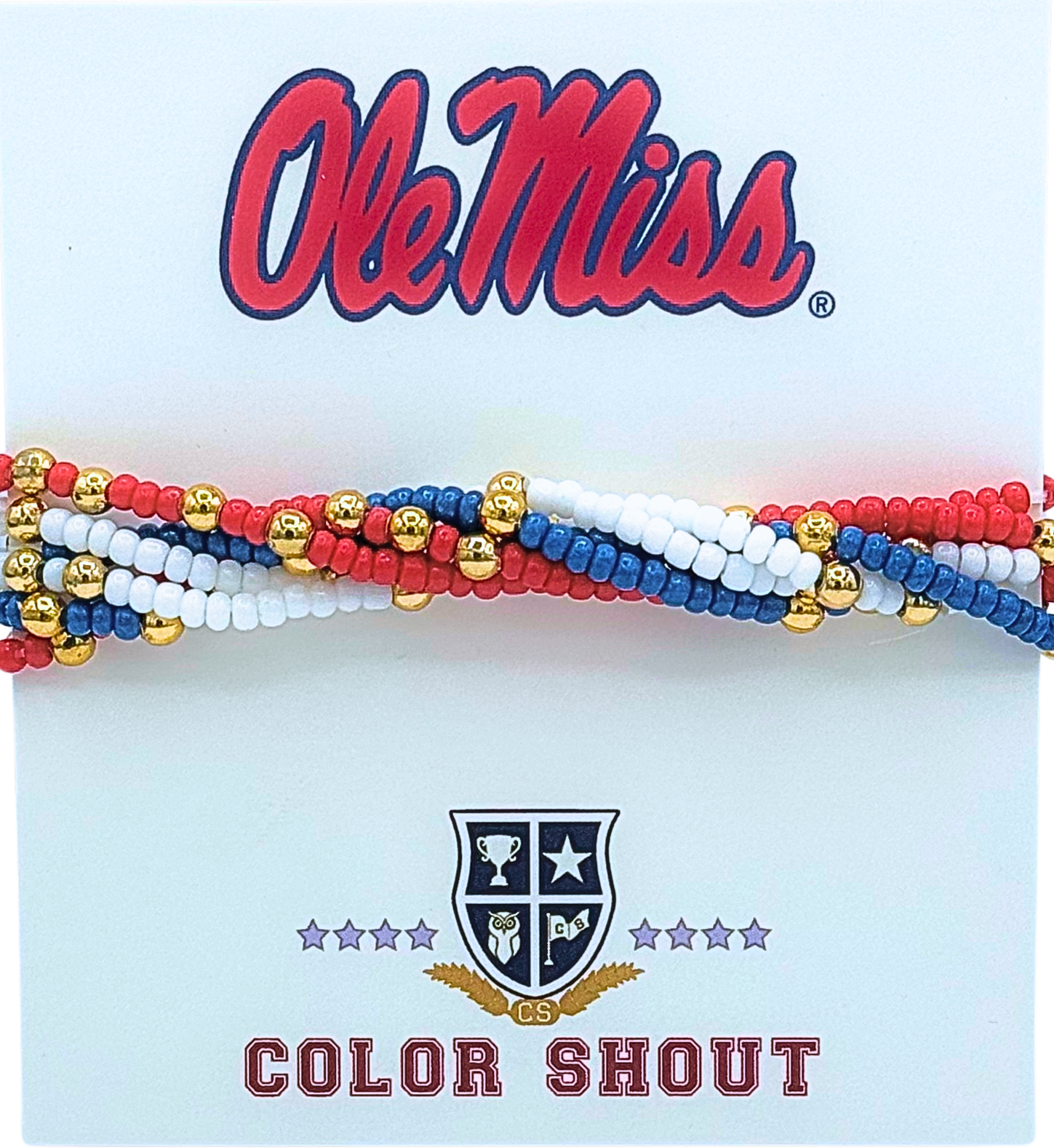 Six beaded bracelets in Ole Miss colors featuring red, white, blue, and gold beads