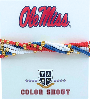Six beaded bracelets in Ole Miss colors featuring red, white, blue, and gold beads