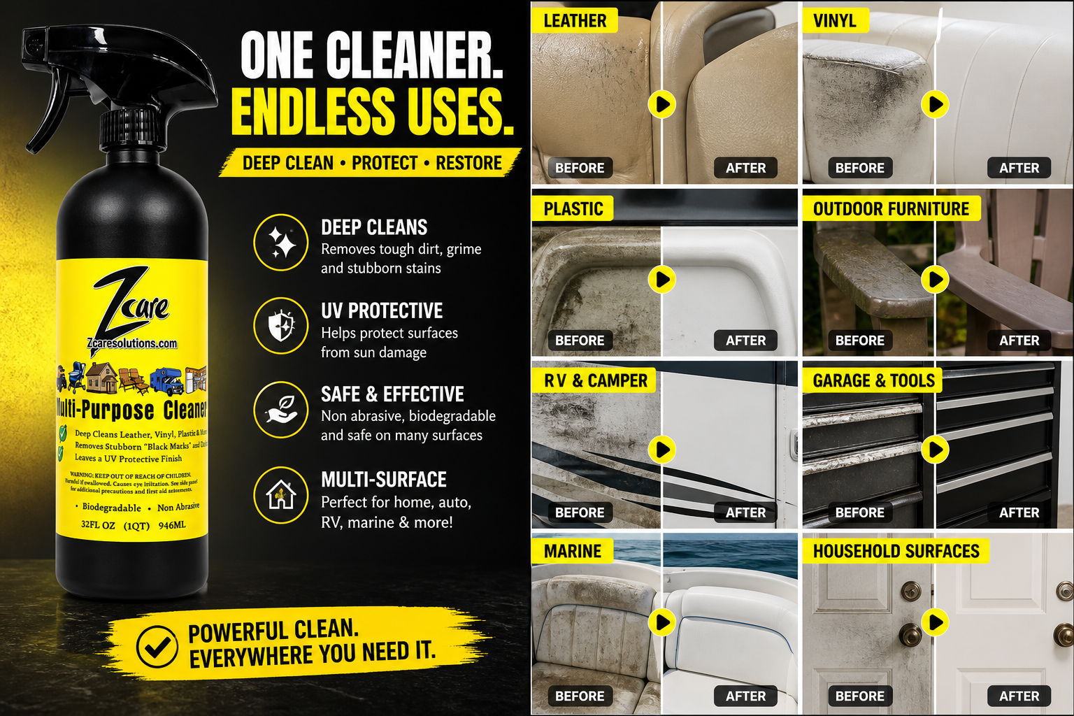 ZCare multi-purpose cleaner spray bottle with black body and yellow label showing before/after cleaning results
