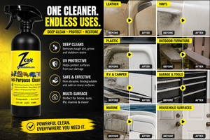 ZCare multi-purpose cleaner spray bottle with black body and yellow label showing before/after cleaning results