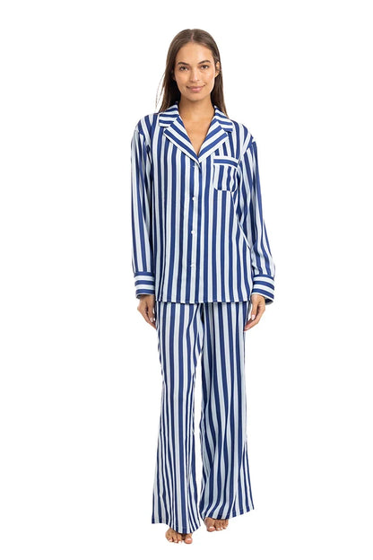 Light Blue & Navy Striped Satin Pajama Set