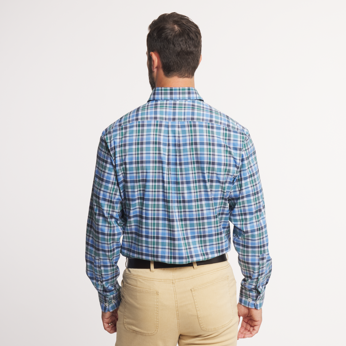 Southern Marsh Franklin Plaid Performance Dress Shirt in Navy Dark Green plaid pattern, back view